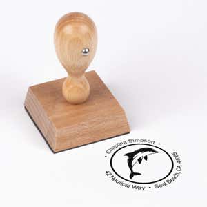 Nautical Dolphin Round Address Stamp impression next to european stamp body
