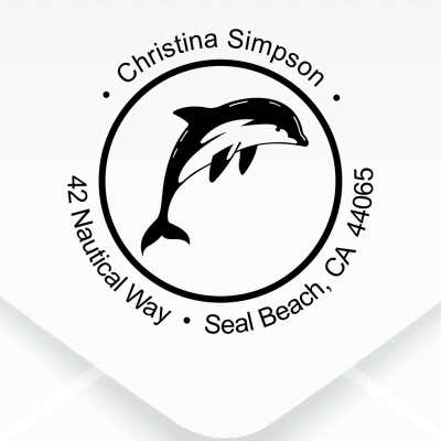 Nautical Dolphin Round Address Stamp design close up on an envelope
