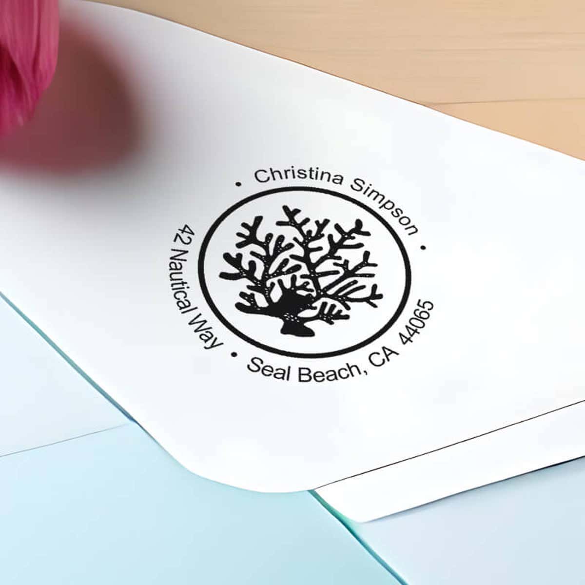 Nautical Coral Reef Round Address Stamp impression close up on envelope
