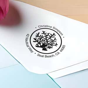 Nautical Coral Reef Round Address Stamp impression close up on envelope