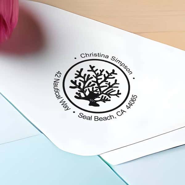 Nautical Coral Reef Round Address Stamp impression close up on envelope