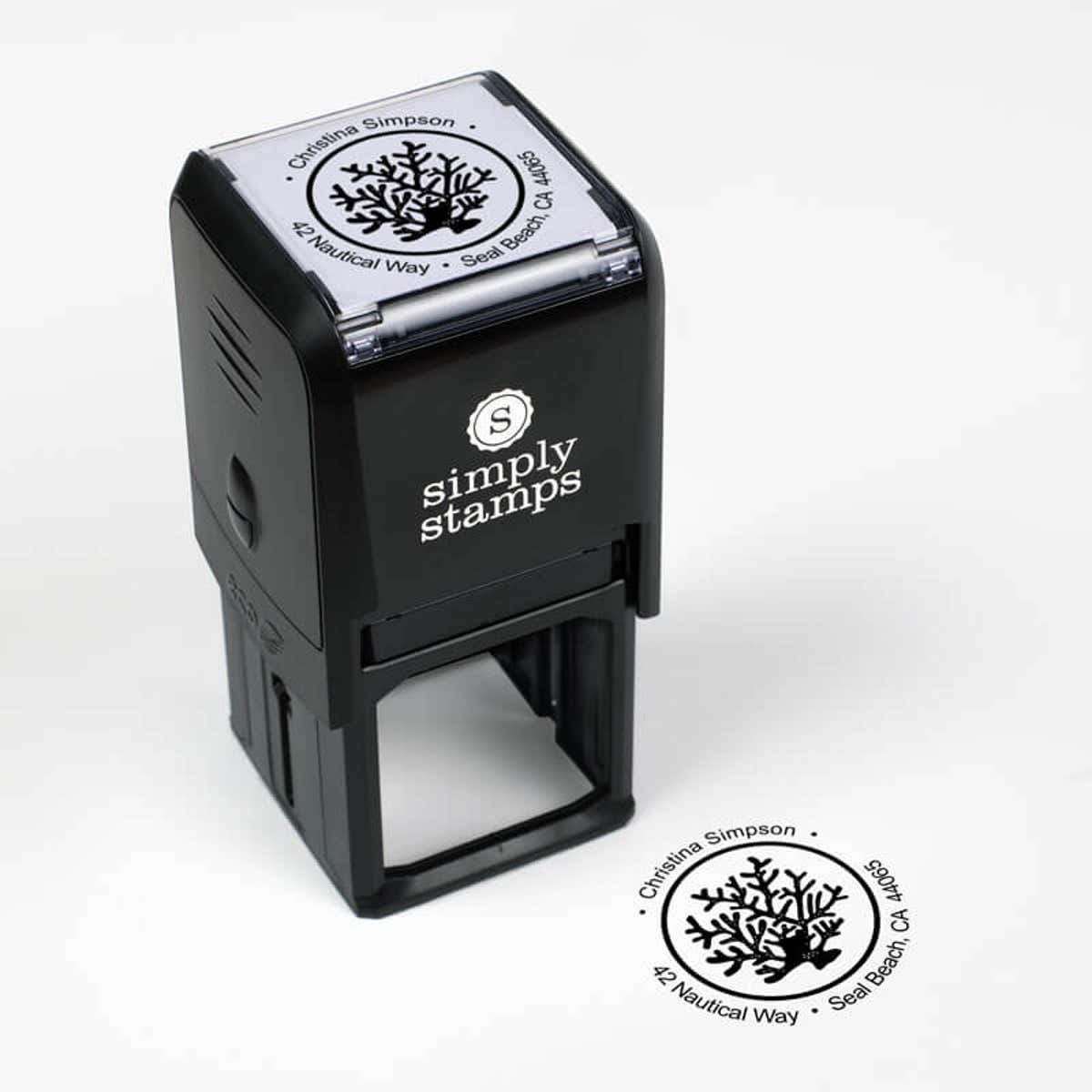 Nautical Coral Reef Round Address Stamp impression next to self inking stamp body