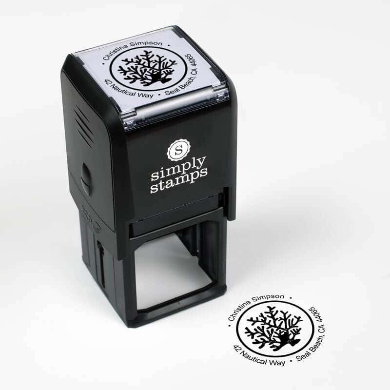 Nautical Coral Reef Round Address Stamp impression next to self inking stamp body