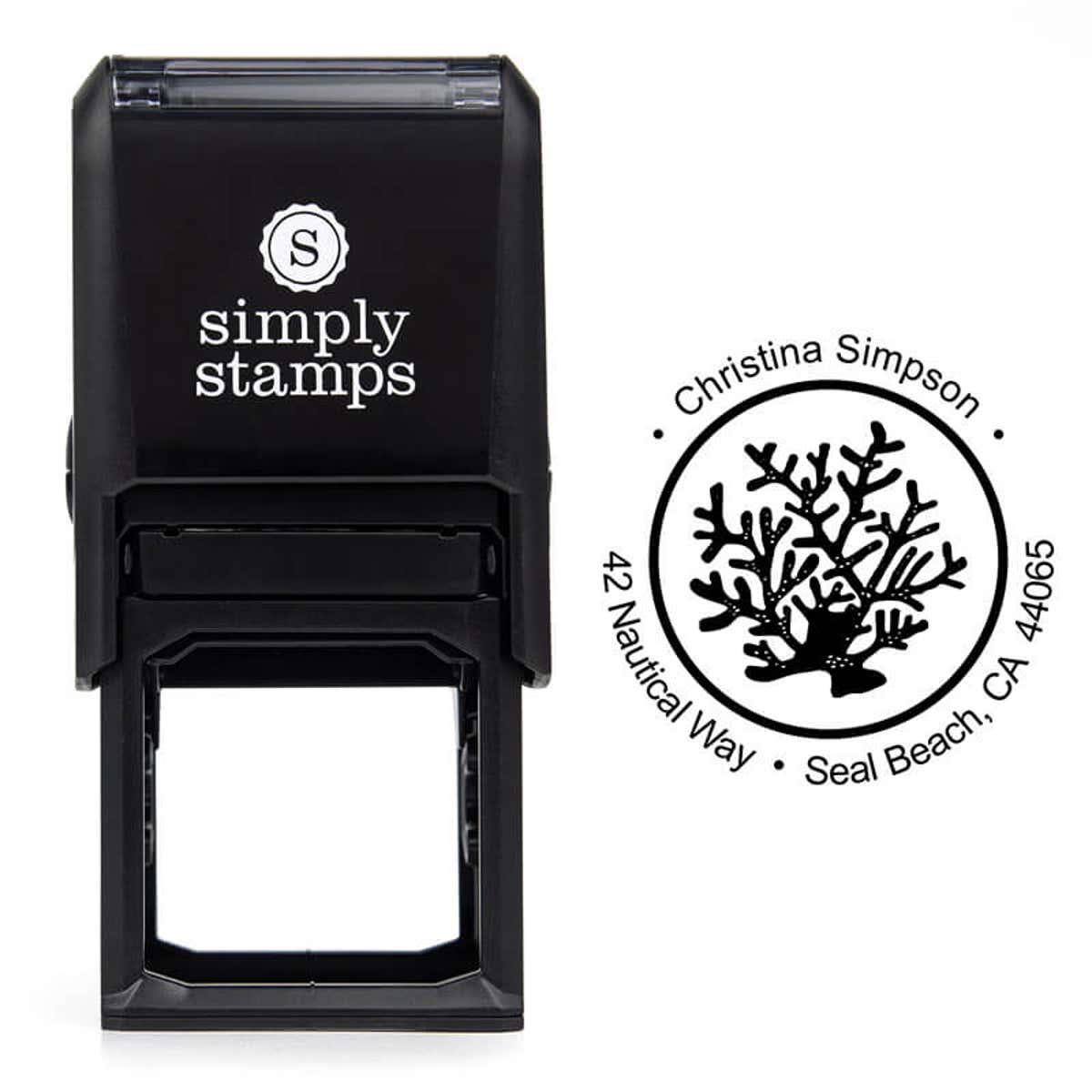 Nautical Coral Reef Round Address Stamp design over self inking stamp body