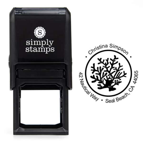 Nautical Coral Reef Round Address Stamp design over self inking stamp body