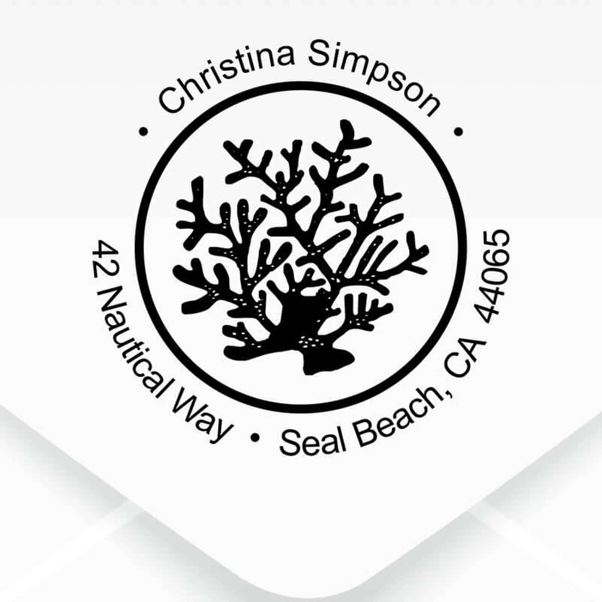 Nautical Coral Reef Round Address Stamp design close up on an envelope