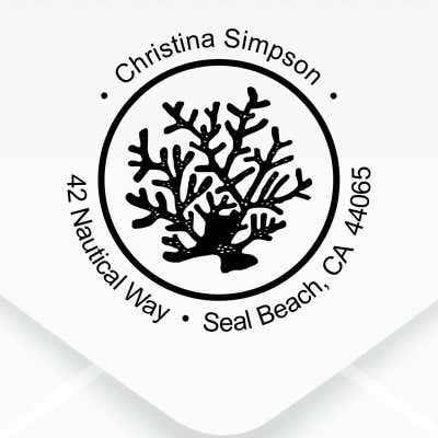 Nautical Coral Reef Round Address Stamp design close up on an envelope