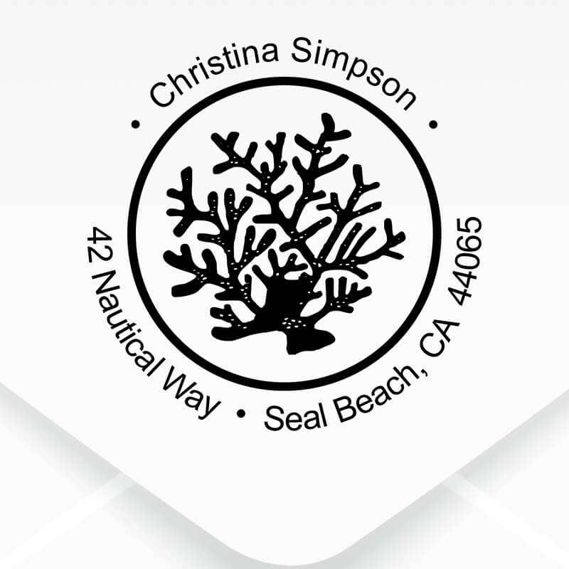 Nautical Coral Reef Round Address Stamp design close up on an envelope