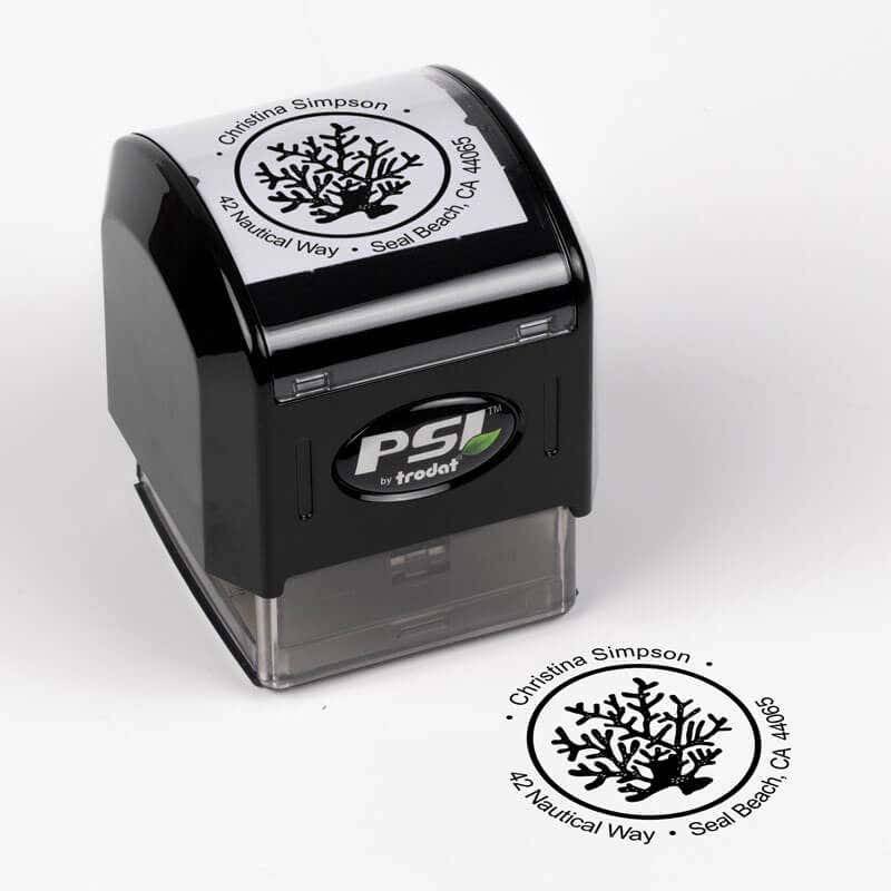 Nautical Coral Reef Round Address Stamp impression next to pre inked stamp body