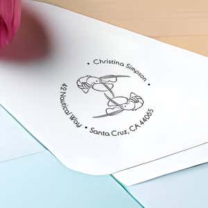 Nautical Lobster Round Address Stamp impression close up on envelope