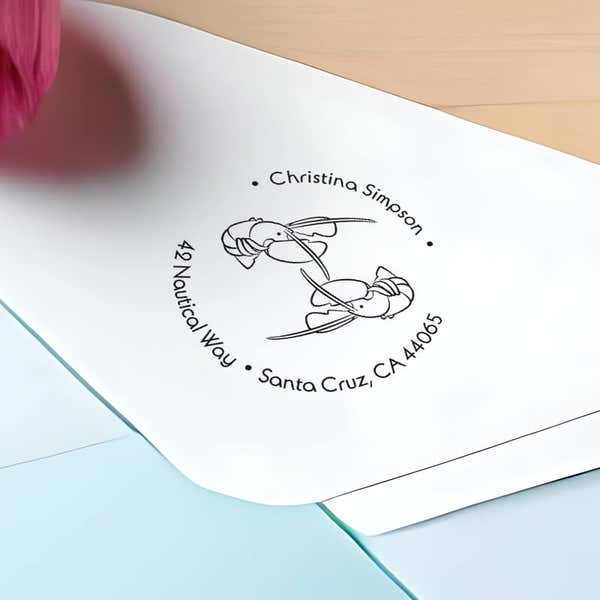 Nautical Lobster Round Address Stamp impression close up on envelope