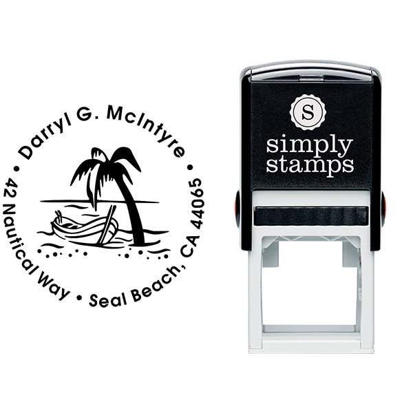 Row Boat Palm Tree Address Stamp Body and Design