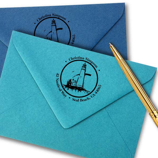 Lighthouse on Shore Round Address Stamp Imprint Example