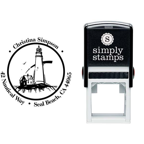 Lighthouse on Shore Round Address Stamp Body and Design