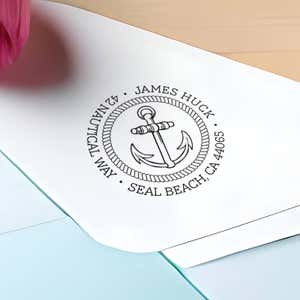 Nautical Anchor Custom Address Stamp impression close up on envelope
