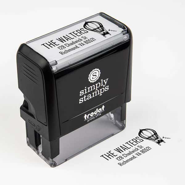 Hot Air Balloon Return Address Stamp impression next to self inking stamp body