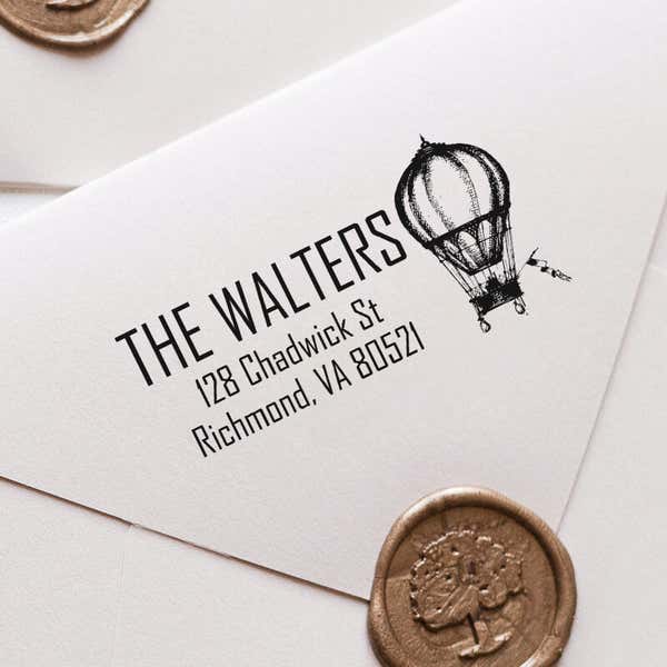 Hot Air Balloon Return Address Stamp impression close up on white envelope