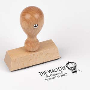 Hot Air Balloon Return Address Stamp impression next to european stamp body