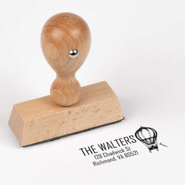 Hot Air Balloon Return Address Stamp impression next to european stamp body