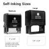 Comparison of medium and large Simply Stamps self-inking stamp sizes, with dimensions labeled as 1 x 2.5 inches for medium and 1.4 x 2.9 inches for large.