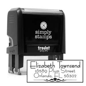 Natural Deco Accent Return Address Stamp Design next to Self Inking Stamp Body