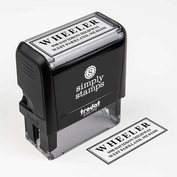 Boxed Serif Stamp Body at an angle next to stamp impression