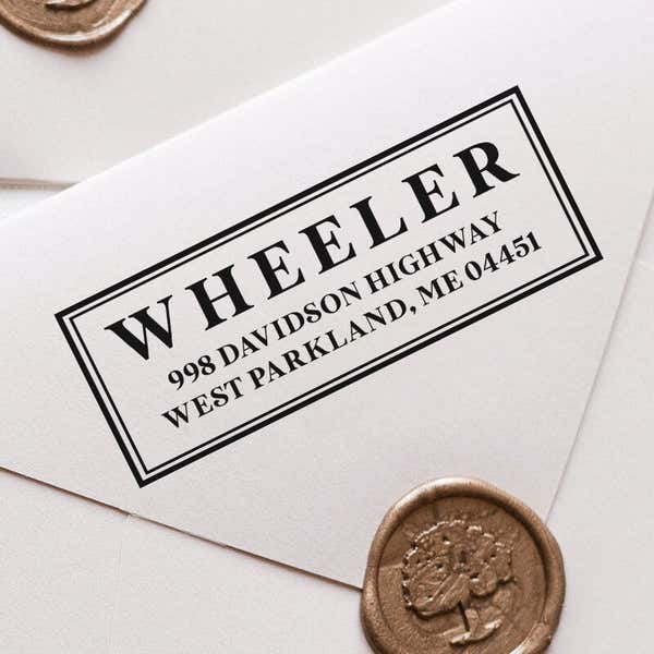 Boxed Serif Stamp Impression on Envelope at an angle