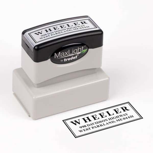 Boxed Serif Stamp Impression next to maxlight pre inked stamp