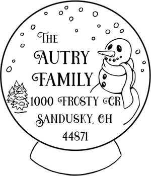 Holiday address stamp design featuring ‘Snow Globe’ with personalized family name and address.