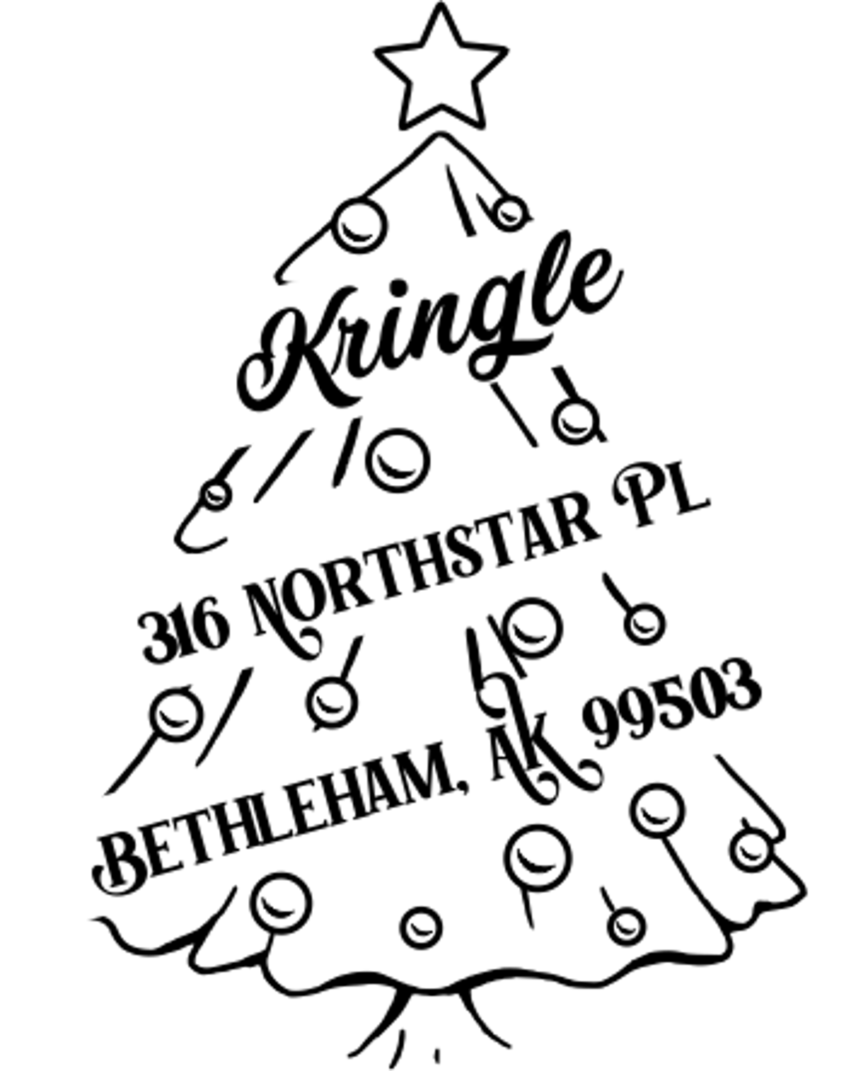 Holiday address stamp design featuring ‘Cartoon Christmas Tree’ with personalized family name and address.