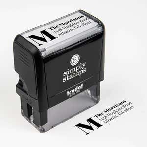 Elevated Monogram Address Stamp Design next to self inking stamp body