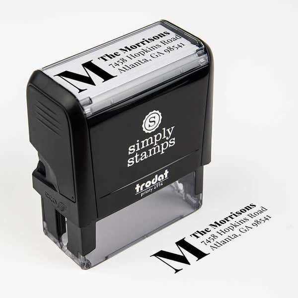 Elevated Monogram Address Stamp Design next to self inking stamp body