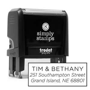 Light Sans Serif Address Stamp Design next to stamp body