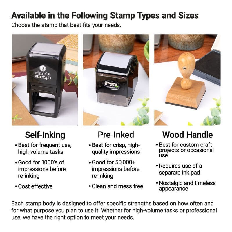 Comparison of self-inking, pre-inked, and wood handle stamps with descriptions for best use cases, impression count, and stamping style