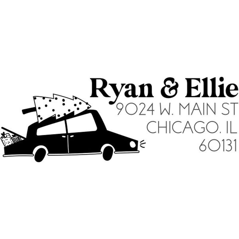 Holiday address stamp design featuring ‘Christmas Car’ with personalized family name and address.
