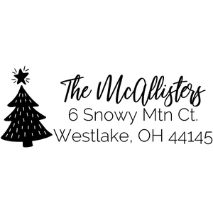 Holiday address stamp design featuring ‘Christmas Tree Holiday’ with personalized family name and address.