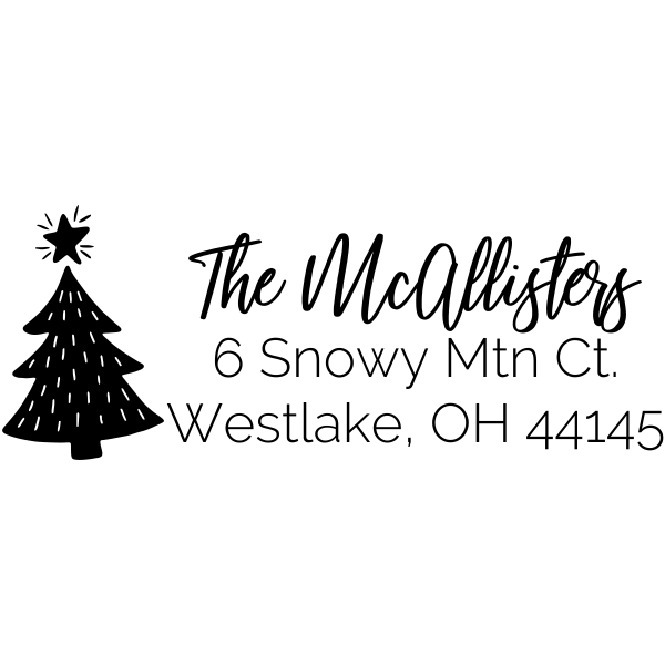 Holiday address stamp design featuring ‘Christmas Tree Holiday’ with personalized family name and address.
