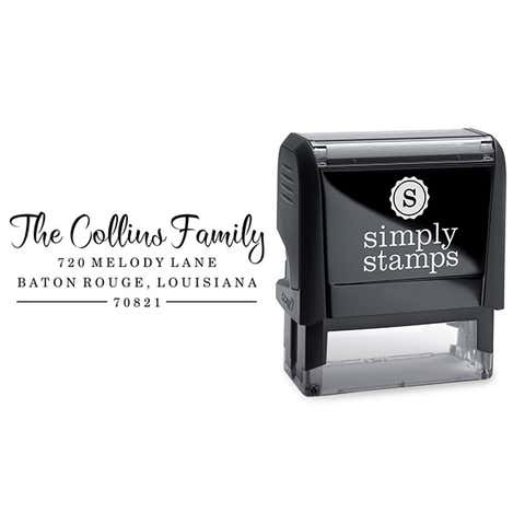 Custom Self-Inking Address Stamp, 3 Line Couple Return Address, Collins Rectangle Large Font Design, Trodat 4914 or Trodat 4926 Engraved Rubber Stamp