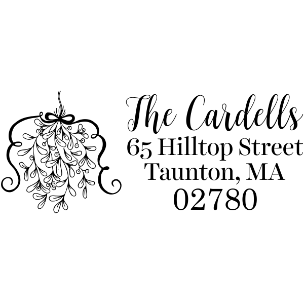 Holiday address stamp design featuring ‘Curly Mistletoe Holiday’ with personalized family name and address.