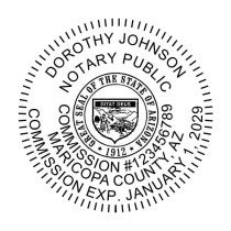 Arizona notary public stamp with state seal and custom commission details in a circular layout.