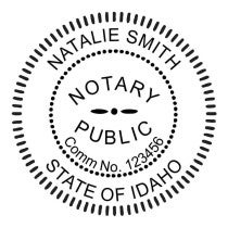 Round Idaho notary public stamp next to black and white self-inking stamp.
