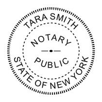 New York notary public seal with expiration date, name, and commission number.