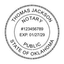 Oklahoma notary stamp with commission number and expiration date in circular format.