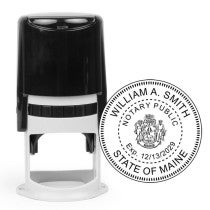 Self-inking Maine notary stamp with custom name and official state seal.