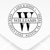 Round Williams Monogram Address Stamp impression on white envelope