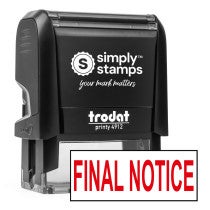 Final Notice self-inking stamp (Trodat Printy 4912) angled product view with red sample imprint
