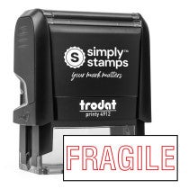 Self inking Fragile stamp angled product view with clean red outline imprint
