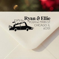 Personalized ‘Christmas Car’ address stamp impression on envelope flap for holiday cards.
