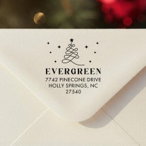Personalized ‘Modern Christmas Tree’ address stamp impression on envelope flap for holiday cards.