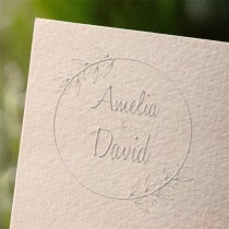 Botanical Script Wedding Embosser – Custom Circular Laurel Design impression sample on paper